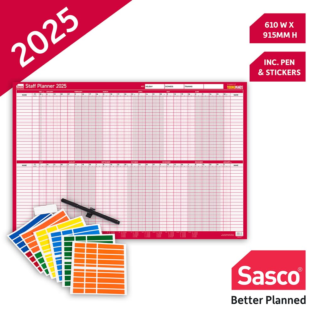 Sasco 2025 Unmounted Staff Year Wall Planner - Large 36 x 24 Inch (915 x 610mm) Poster - Perfect for Office, Classroom & Home Organization