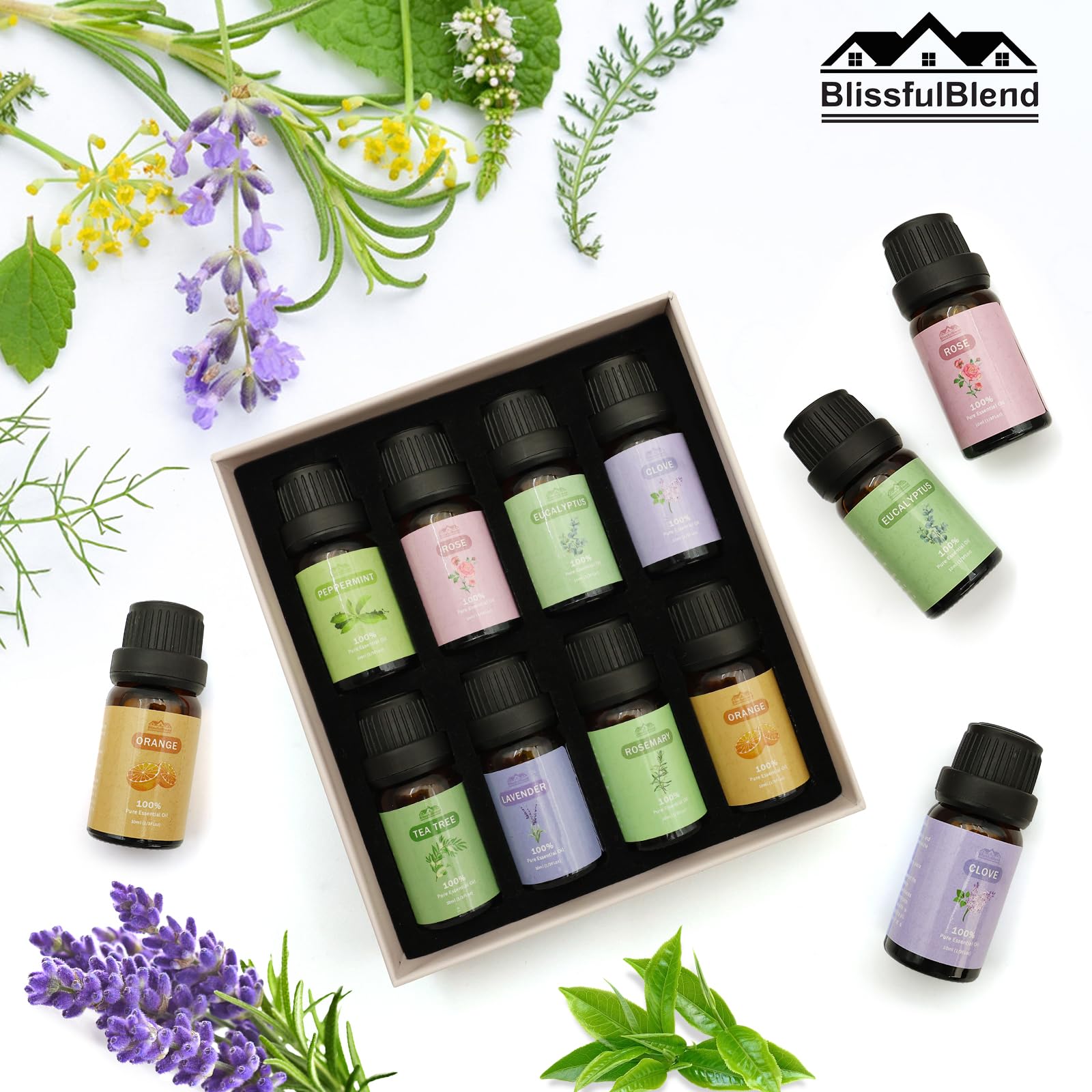 8 Pack 10ML Pure Aromatherapy Essential Oil Set - Peppermint, Lavender, Eucalyptus, Tea Tree, Rose, Rosemary, Clove & Orange for Diffusers, Candle Making, Massage & Relaxation - Spring 2025 Collection
