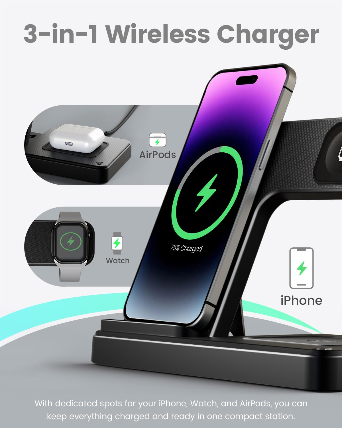 3-in-1 Wireless Charging Station for iPhone 16/15/14/13/12/11 Pro Max, Apple Watch 10/9/8/7/6/5/4/3/2/SE/Ultra & AirPods 4/3/2/Pro - Fast Qi-Certified Charger Stand for Multiple Devices | Perfect for Home, Office & Nightstand Charging
