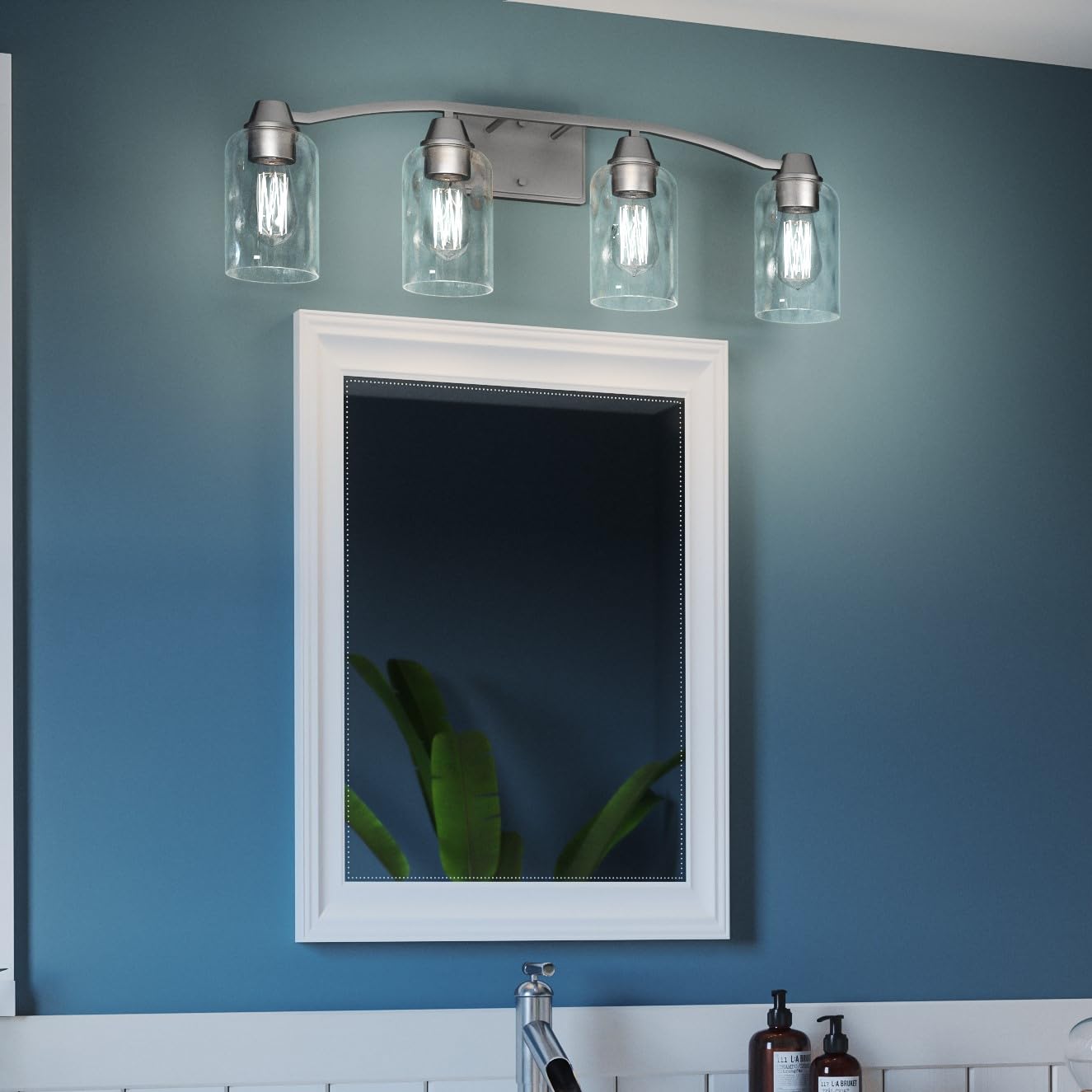 Quoizel Acacia 4-Light Brushed Nickel Bathroom Vanity Light with Dappled Clear Water Glass - Dimmable Modern Wall Fixture for Bathroom, Bedroom & Dressing Room - Durable Resin Construction Vanity Lighting Accessories