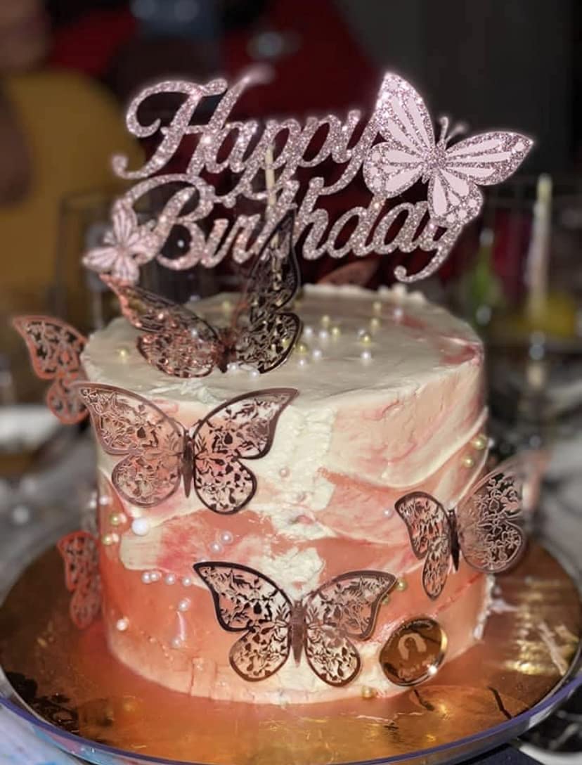 ALISSAR 3D Handmade Rose Gold Happy Birthday Cake Topper with Butterfly - Elegant Cake Decorations for Women's & Girls' Birthday Parties - Perfect for Wedding, Baby Shower, Anniversary Celebrations