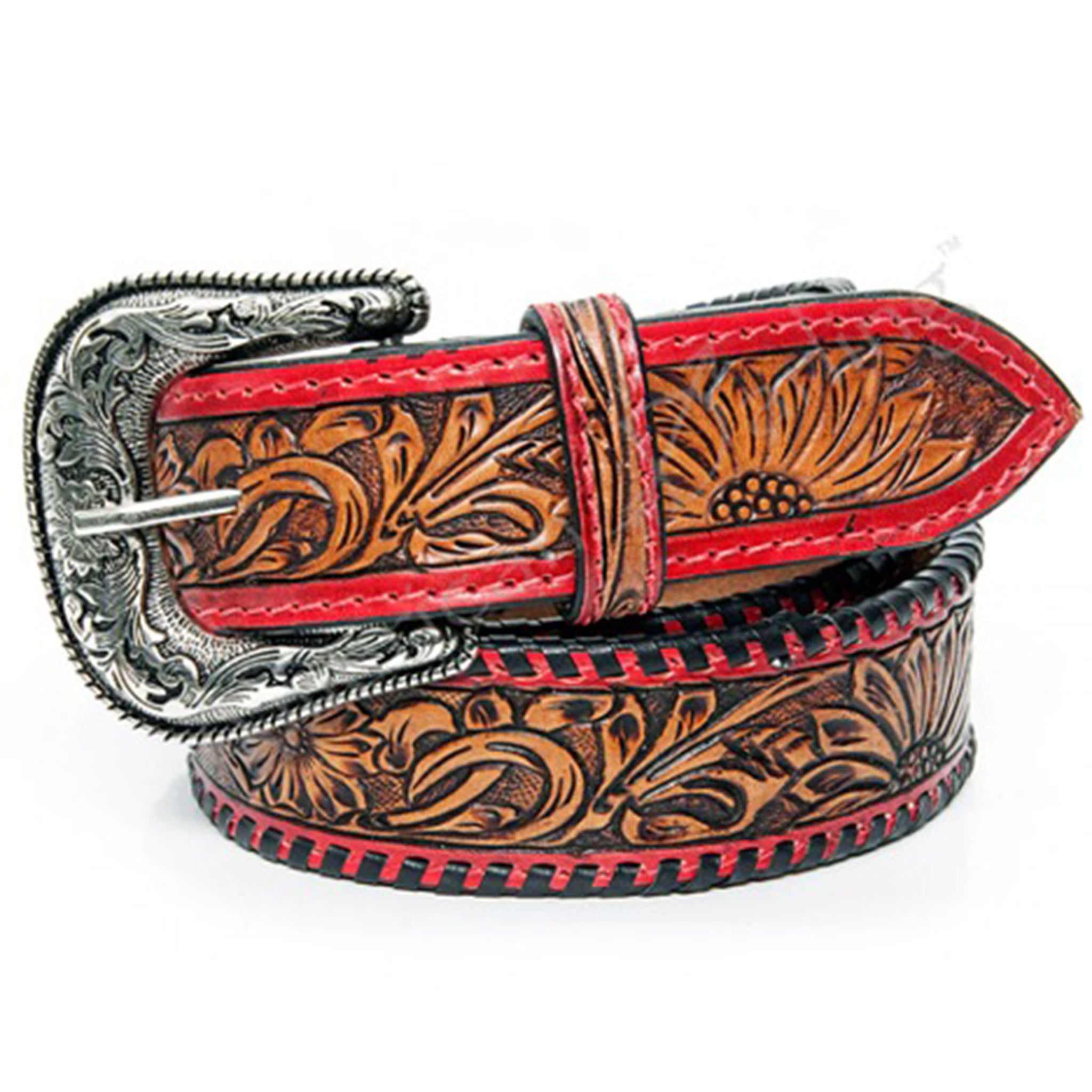 American Darling Genuine Leather Red Tooled Belt for Women - Western Cowgirl Style Fashion Accessory for Jeans, Dresses & Outfits