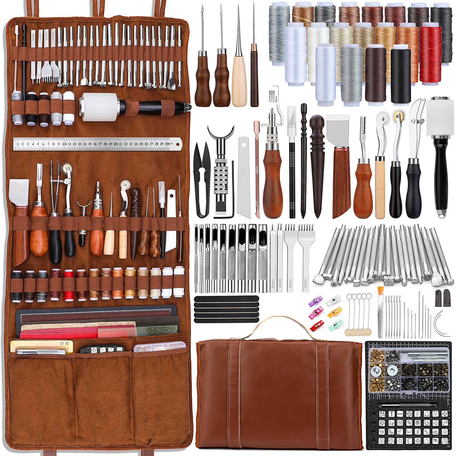 Professional Leather Craft Tool Kit - Leather Working Tools Set with Custom Handbag Cutting Mats, Engraving Punching & Sewing Stamping Sanding Tools for DIY Leather Projects | Perfect for Leather Crafting, Bag Making & Shoe Repair