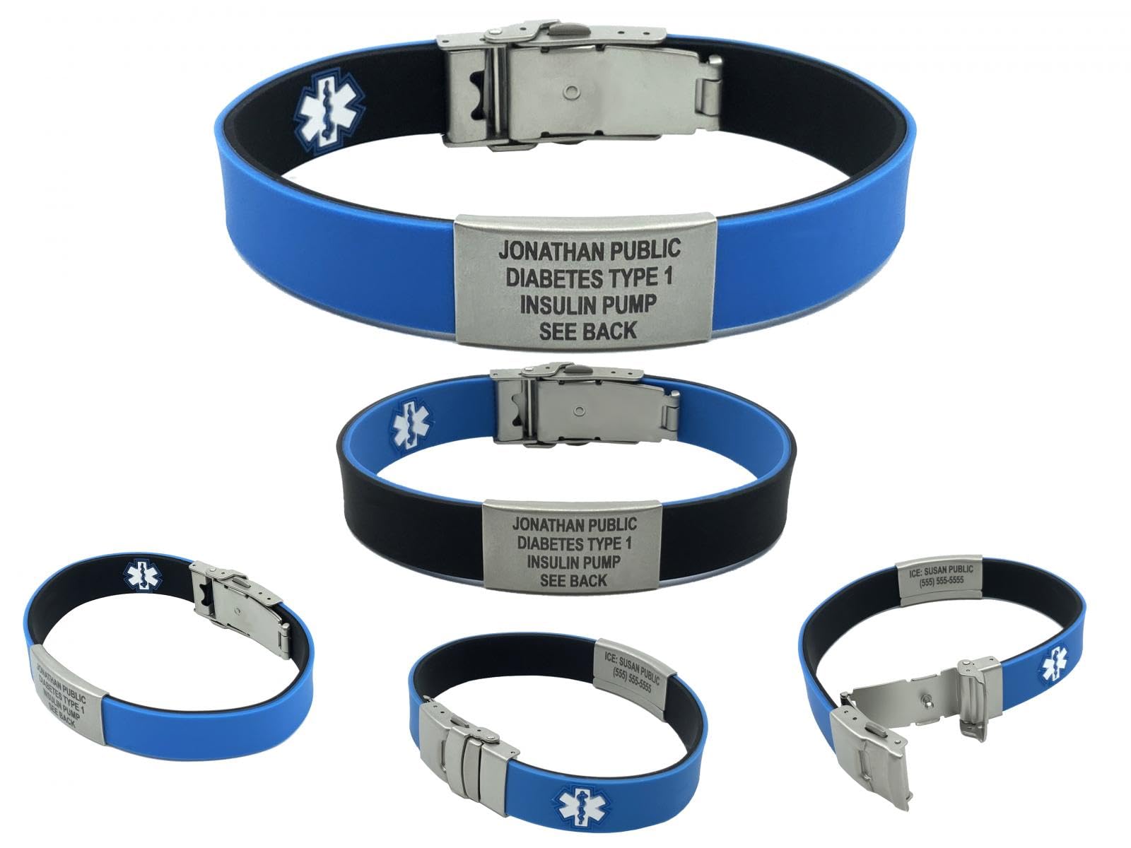 Medical Alert Bracelets for Women & Men - Slim Reversible Silicone Emergency ID Bracelet with Custom Laser Engraving, Includes Emergency Medical Card & Digital Health Record Access (Black/Blue) - Ideal for Seniors, Diabetics, and Allergy Sufferers
