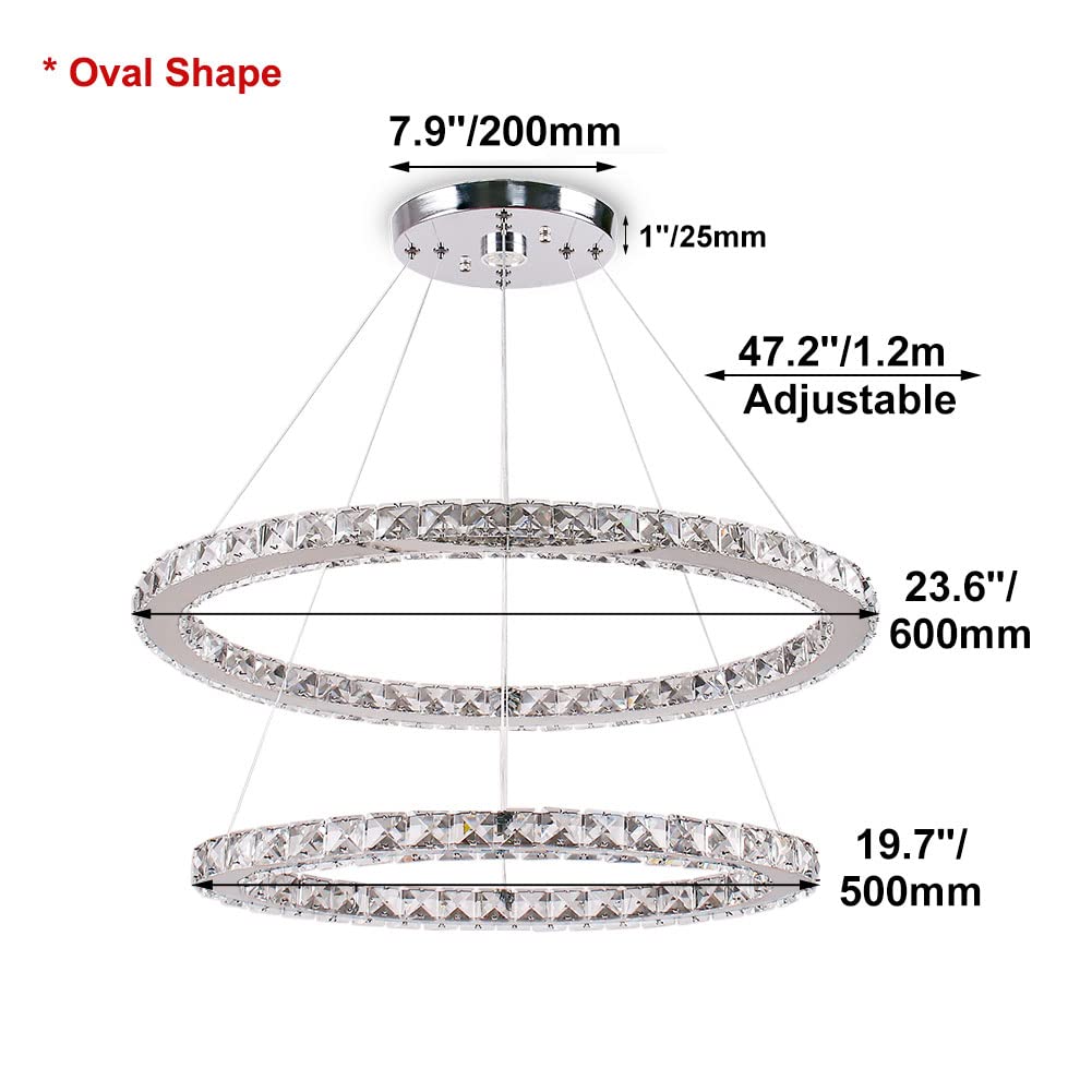 Modern Crystal Chandelier - 2-Tier Oval Pendant Light with Adjustable Height, 6000K Cool White (19.7