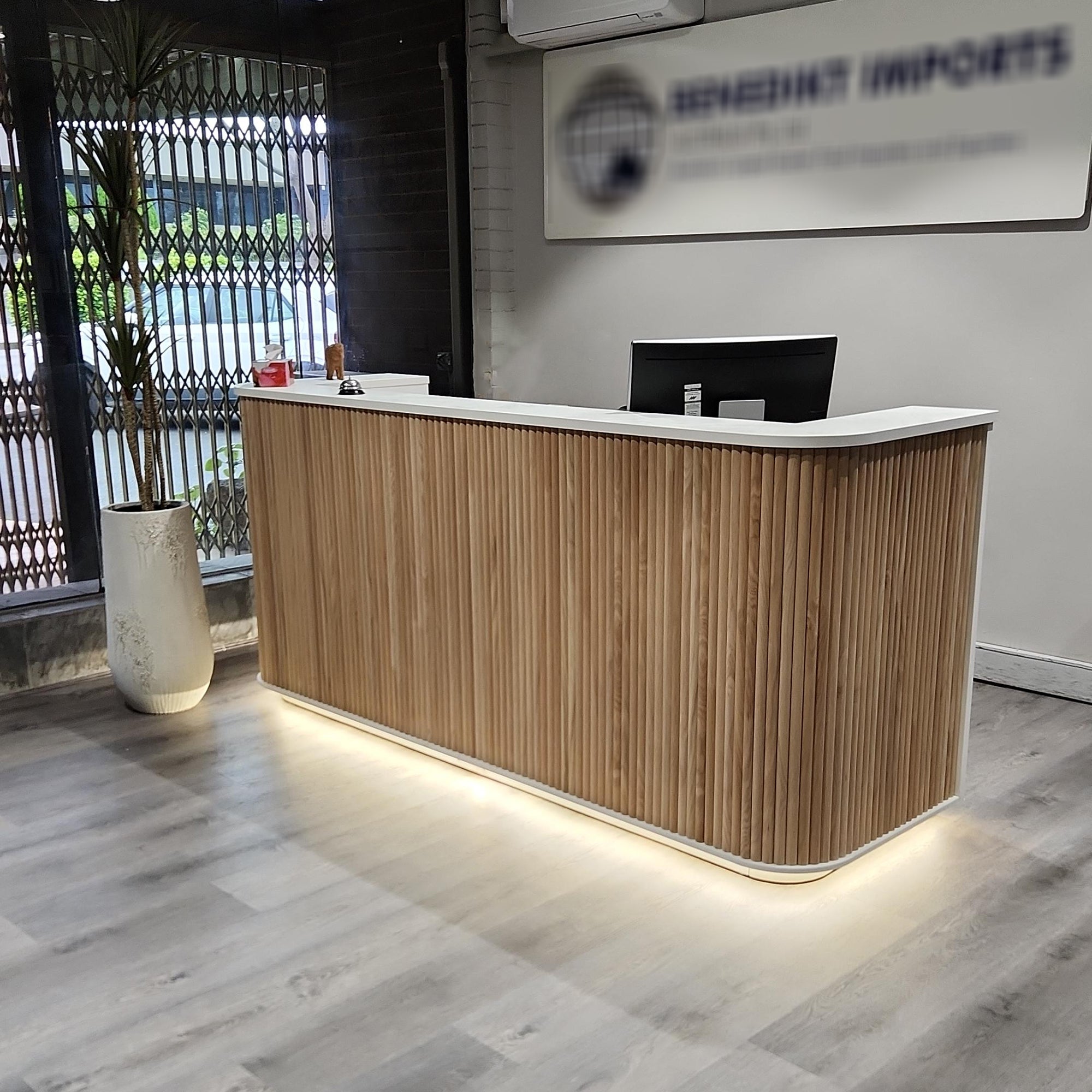 Premium 240cm HALO Reception Desk - Solid Oak & White Finish - Modern Office Furniture for Hotels, Corporate Lobbies & Professional Workspaces