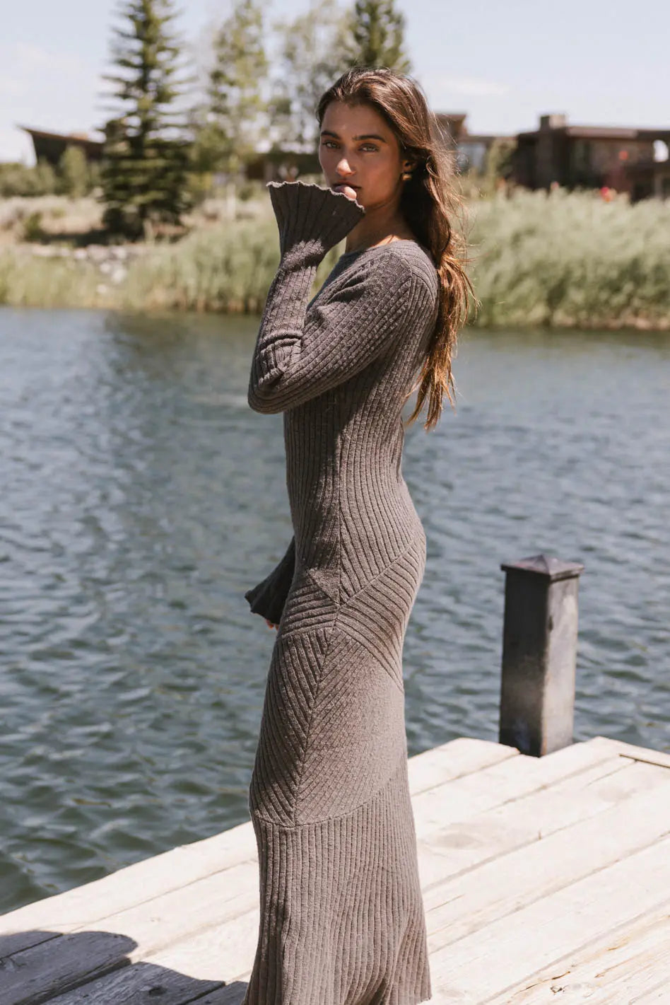 Grove Ribbed Maxi Dress in Charcoal - Women's Long Sleeve Bodycon Dress for Casual, Party & Evening Wear - FINAL SALE