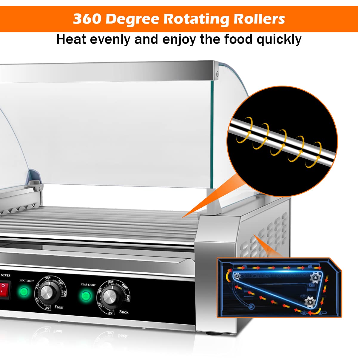 Electric Hot Dog Roller Machine - Commercial 30 Hot Dog 11 Non-Stick Roller Grill with Removable Stainless Steel Drip Tray & Glass Hood Cover - Countertop Sausage Warmer for Restaurants, Convenience Stores & Food Trucks