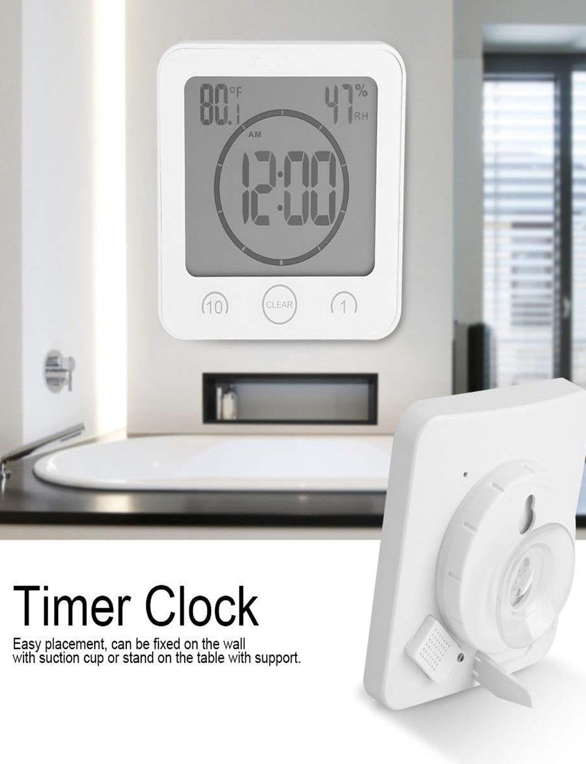 Waterproof Digital Shower Clock with Temperature & Humidity Display - Large LCD Touch Screen Wall Clock with Suction Cup & Timer - Perfect for Bathroom, Indoor Countertop, Spa & Home Decor (White)