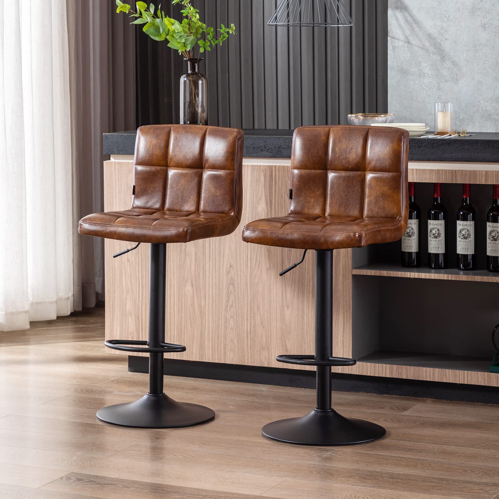 DUHOME Set of 2 Faux Leather Bar Stools - Adjustable Height Swivel Kitchen Stools with Backrest & Footrest, Armless Counter Chairs for Kitchen, Bar, Cafe - Yellowish Brown - Perfect for Small Spaces & Modern Home Decor