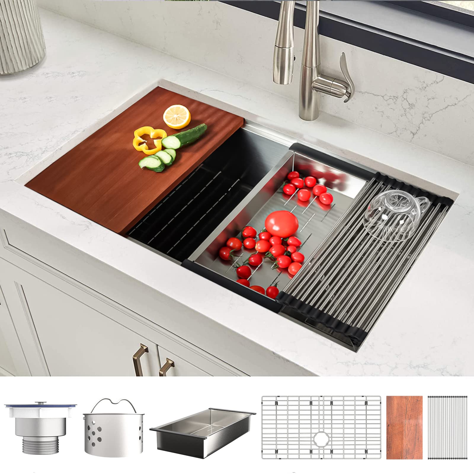 Tysun 32 Inch Undermount Stainless Steel Kitchen Sink - 16 Gauge Single Bowl Workstation Sink with Accessories - Perfect for Modern Kitchens, Food Prep & Dishwashing