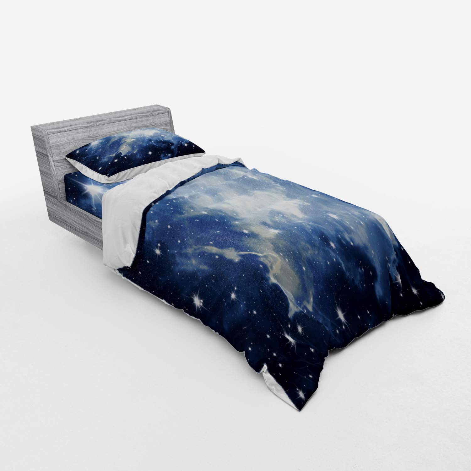 Ambesonne Constellation Bedding Set - Blue Galaxy Night Sky Duvet Cover with Stars & Fog Print, 3-Piece Twin Size Set (Duvet Cover + Sham + Fitted Sheet) in Dark Blue, Pale Blue & White | Perfect for Astronomy Lovers' Bedroom Decor & Cozy Space Theme