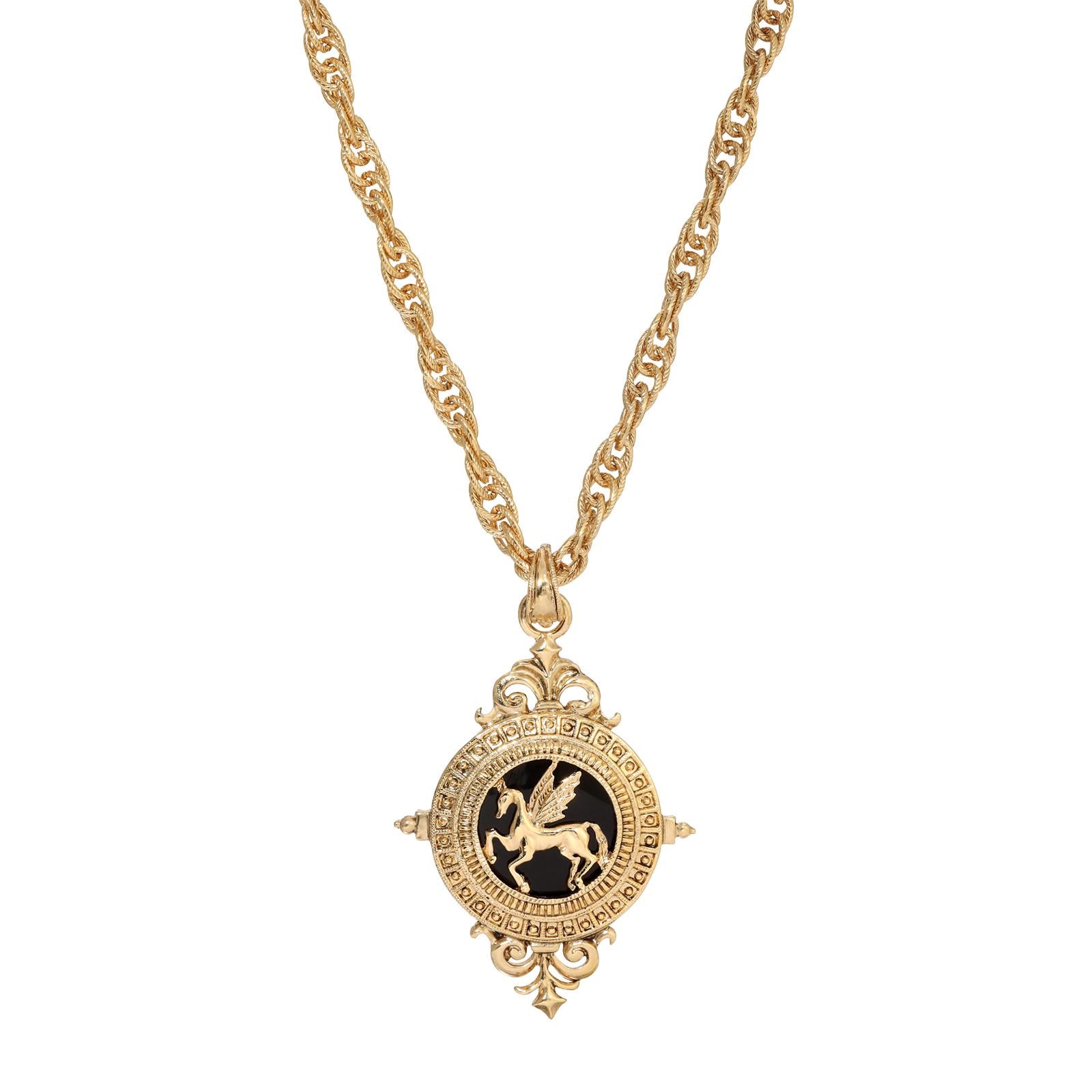 1928 Jewelry Onyx Gemstone Gold Pegasus Acanthus Pendant Necklace - 16