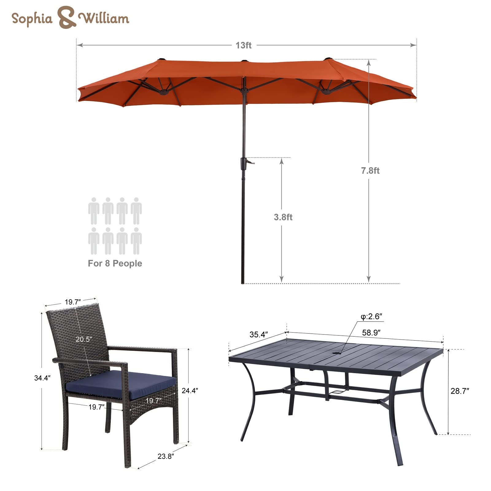 8-Piece Patio Dining Set with 13 Ft Orange Red Double-Sided Umbrella - Outdoor Rattan Chairs & Metal Table with Cushions - Perfect for Yard, Porch, Poolside & Backyard Entertaining