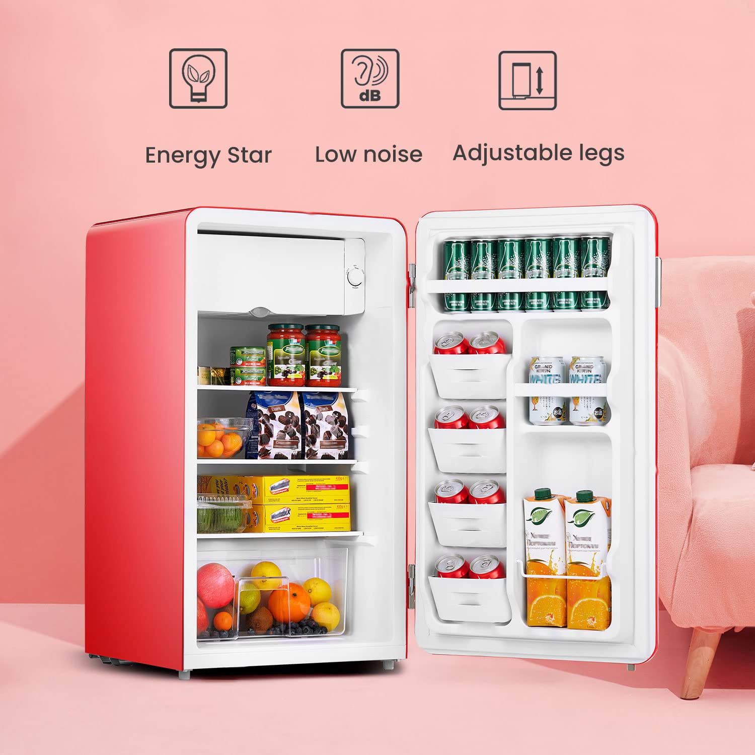 COMFEE' CRR33S3ARD 3.3 Cu Ft Mini Refrigerator - Retro Style Compact Fridge for Bedroom, Dorm, Office, Garage - Adjustable Legs, Energy Efficient, Quiet Operation - Perfect for Small Spaces & Beverage Storage [Red]
