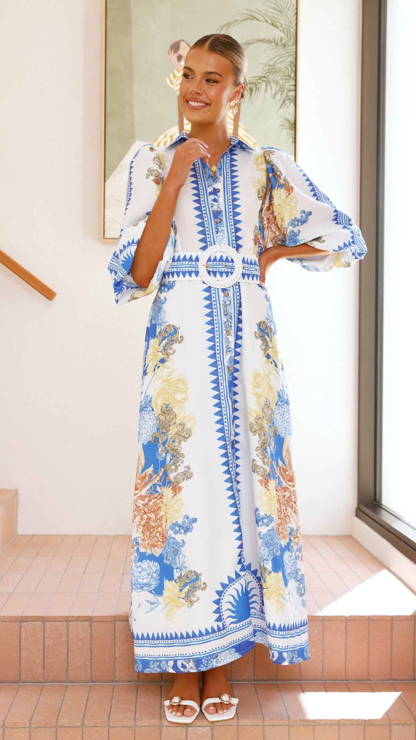 Arana Maxi Dress - Blue and White Floral Print Summer Dress for Women | Beach, Vacation & Casual Wear