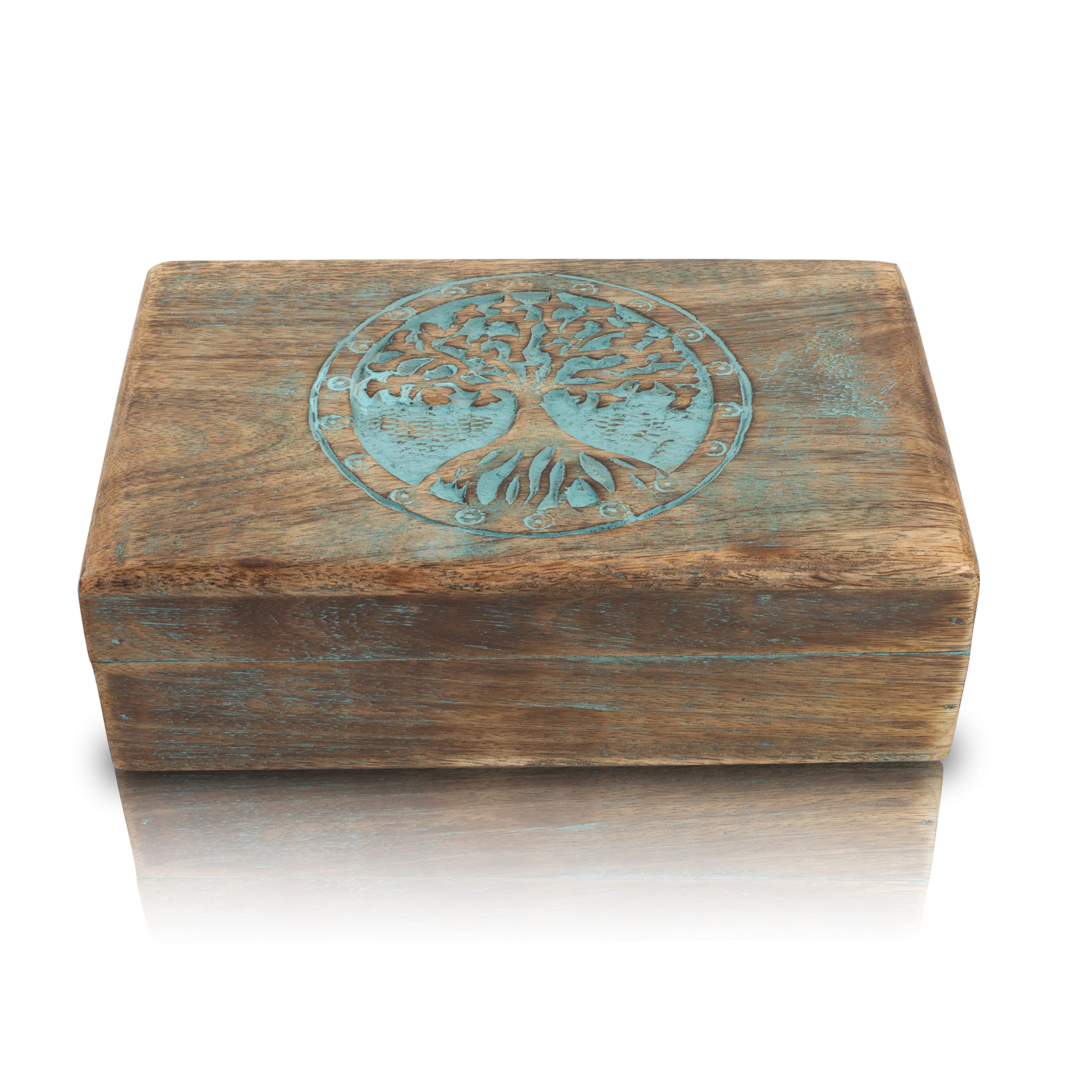 Handmade Wooden Jewelry Box with Tree of Life Carving - Blue Decorative Jewelry Organizer, Keepsake Box & Watch Storage | Perfect Birthday Gift, Housewarming Present & Treasure Chest for Jewelry Lovers (Great for Bedroom Vanity, Travel & Gift Giving)