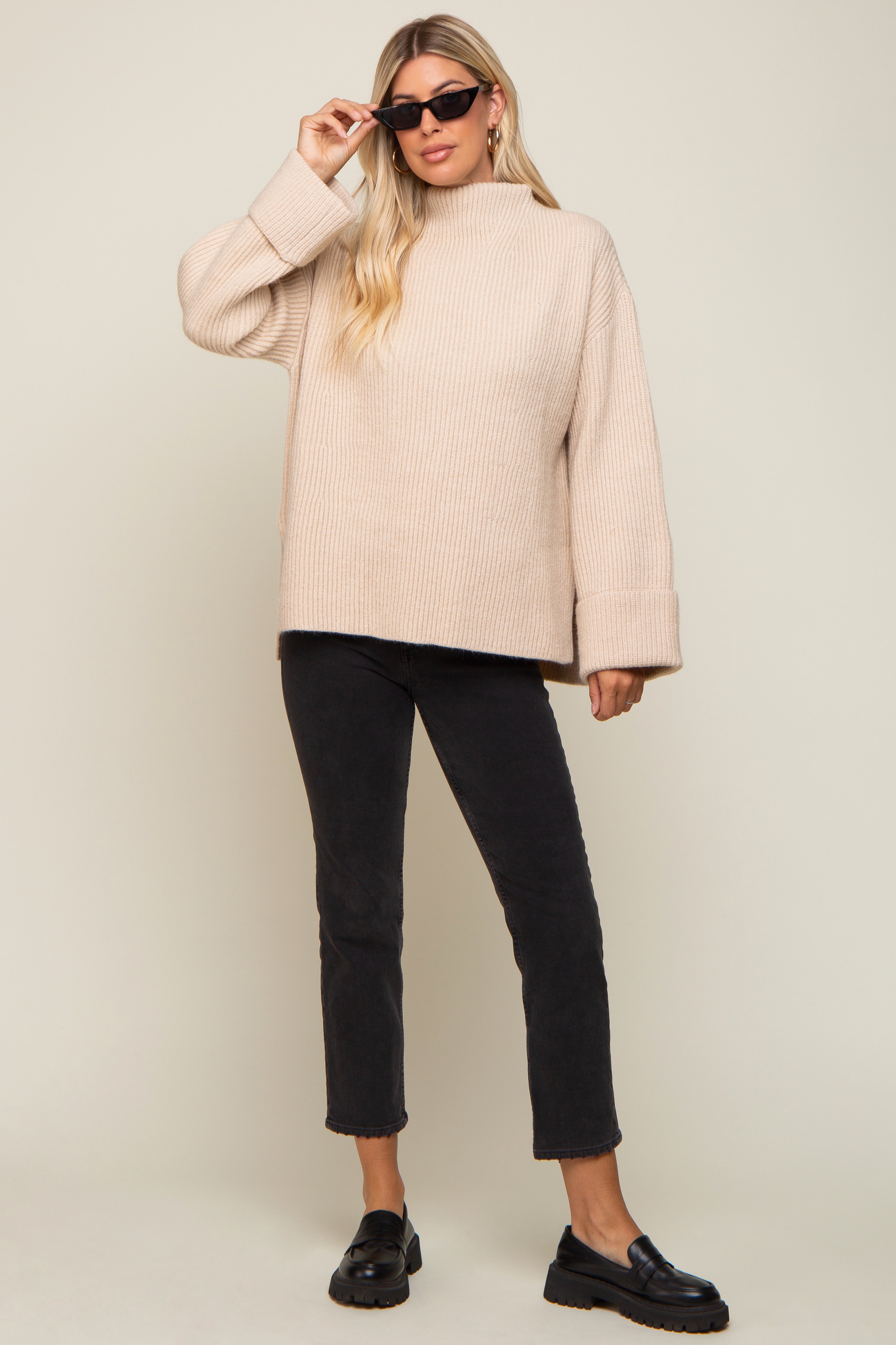 Cozy Beige Mock Neck Chunky Knit Sweater for Women - Winter Warm Oversized Pullover - Perfect for Casual Outfits, Coffee Dates & Holiday Gatherings
