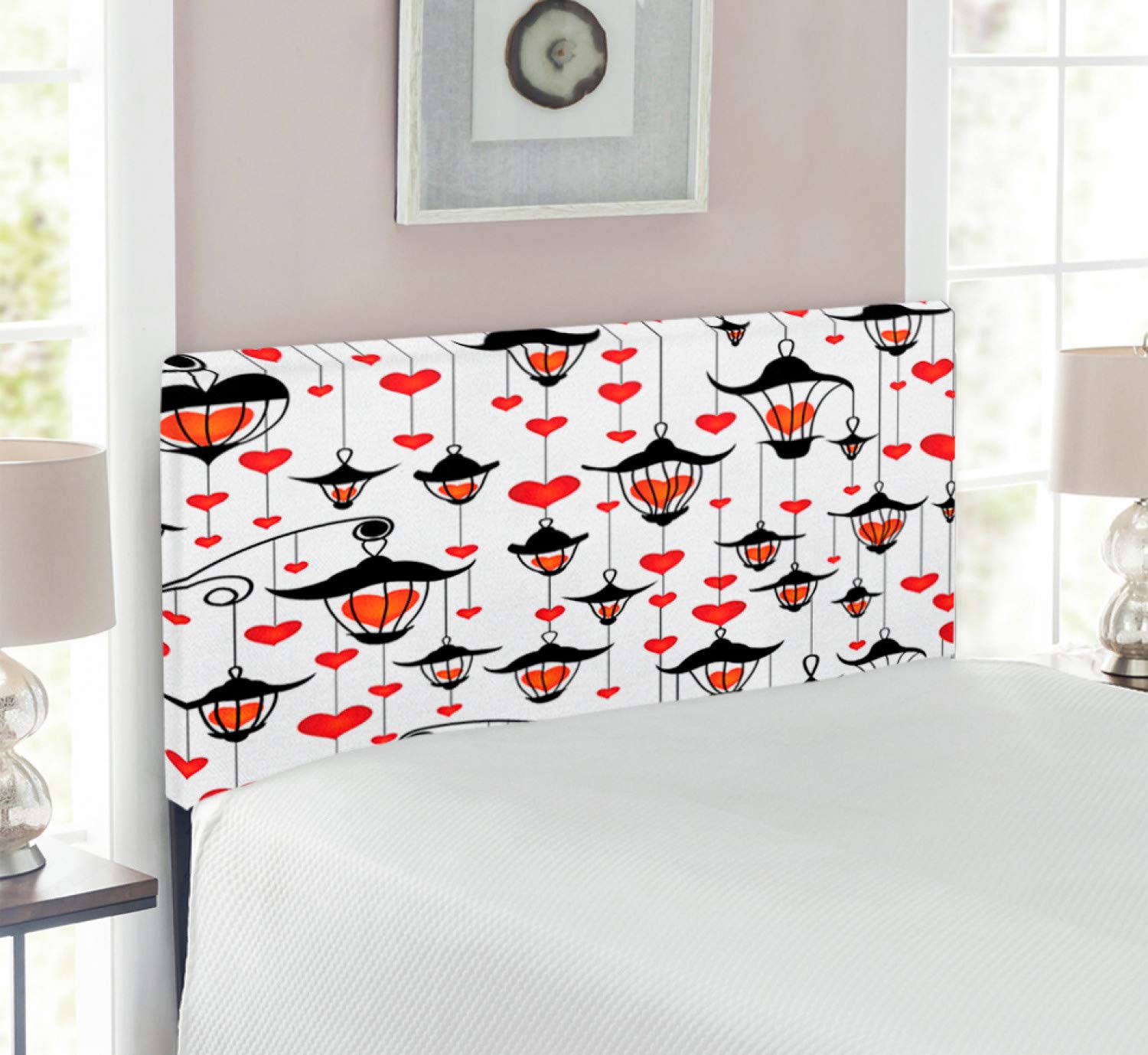Ambesonne Romantic Love Headboard - Classic Antique Heart Pattern Upholstered Metal Bed Frame with Memory Foam, Twin Size in Vermilion & Scarlet | Perfect for Valentine's Day Decor, Master Bedroom & Guest Room