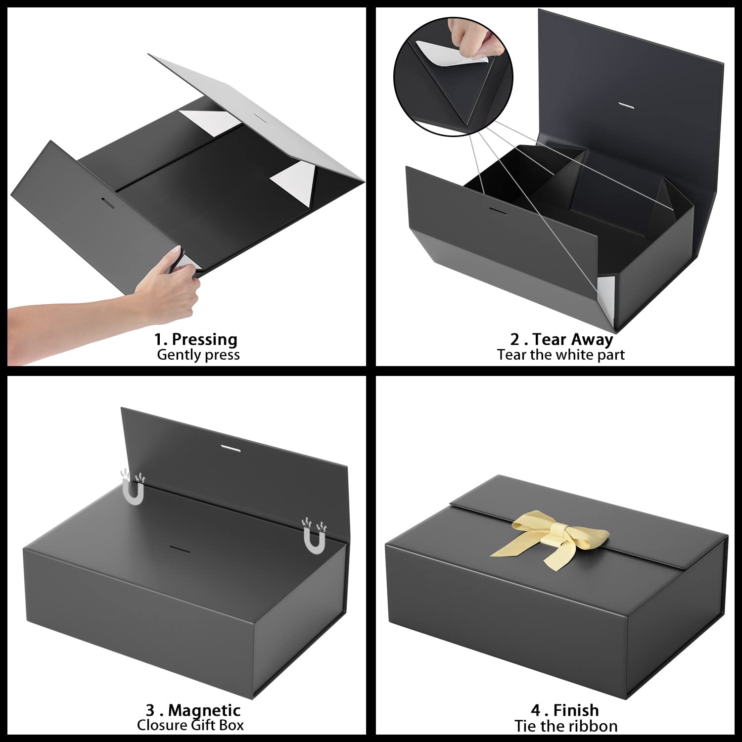 Luxury Gift Box Set with Ribbon & Magnet Closure - 5 Pack Black for Weddings & Birthdays