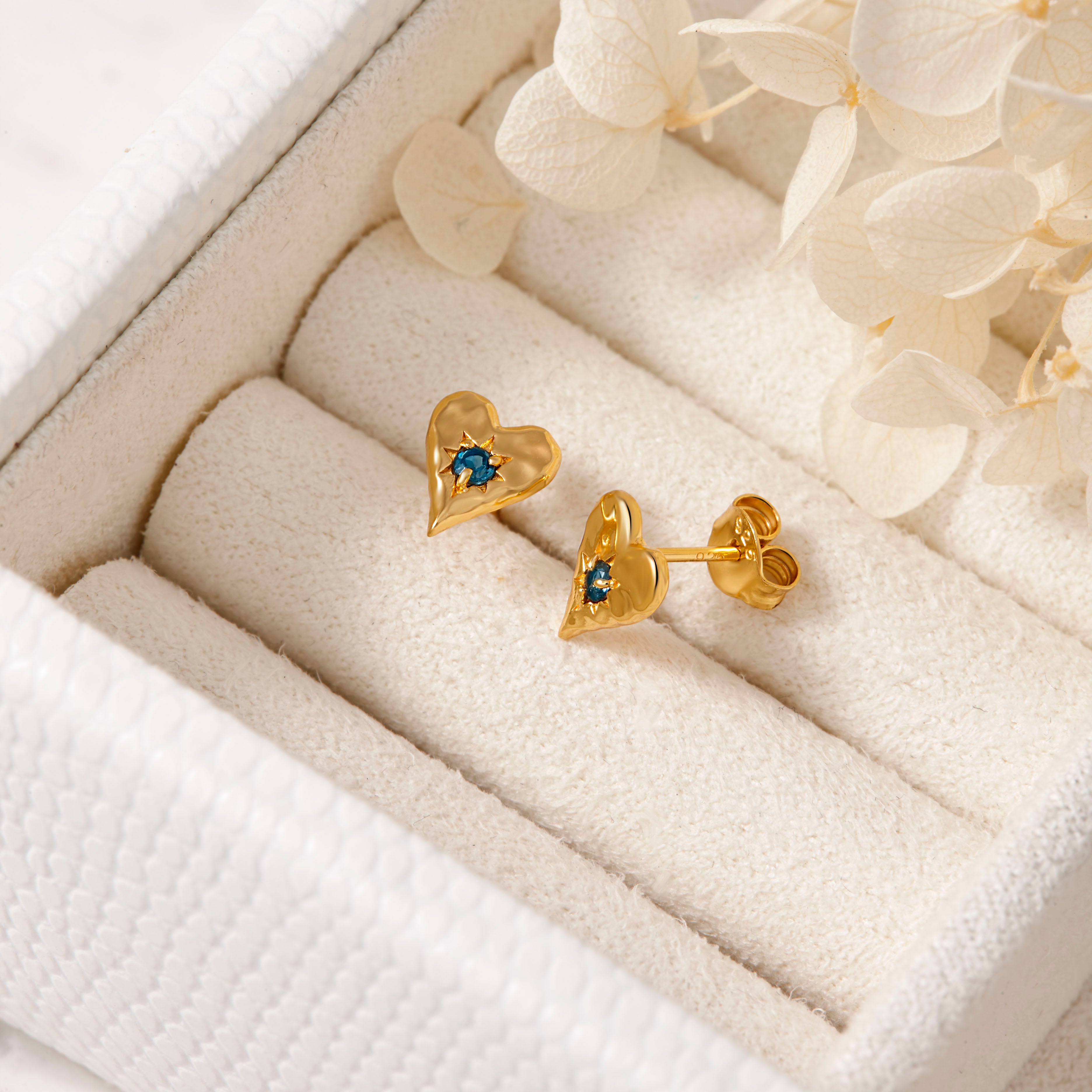 Love Heart London Blue Stud Earrings in Gold - Elegant Jewelry for Women, Perfect for Valentine's Day, Anniversary & Special Occasions