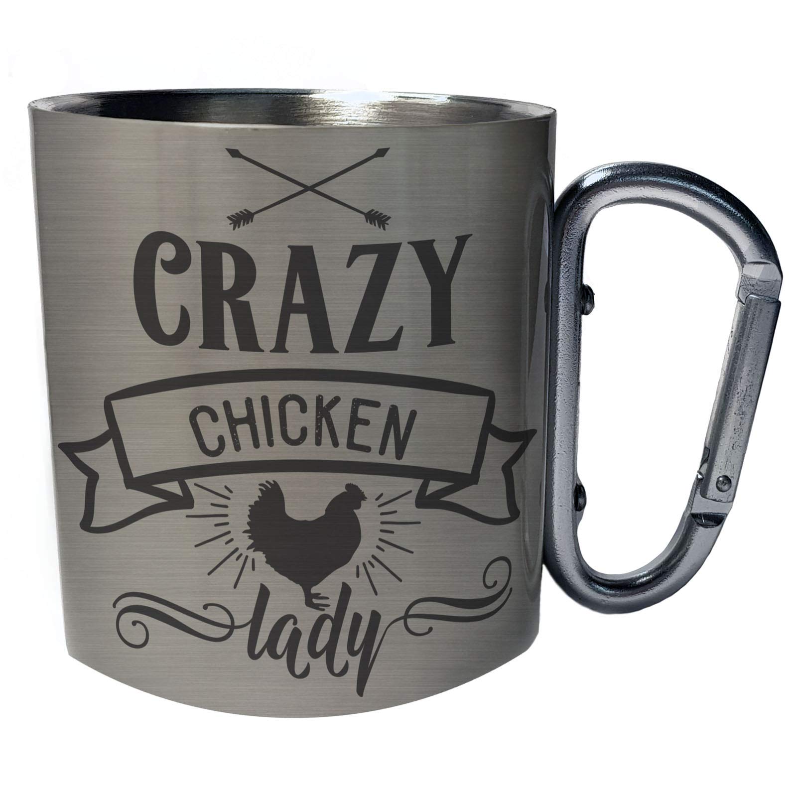 Crazy Chicken Lady Stainless Steel Carabiner Travel Mug 11oz - Insulated Coffee Cup with Clip for Hiking, Camping & Commuting - BPA-Free Hot/Cold Beverage Tumbler