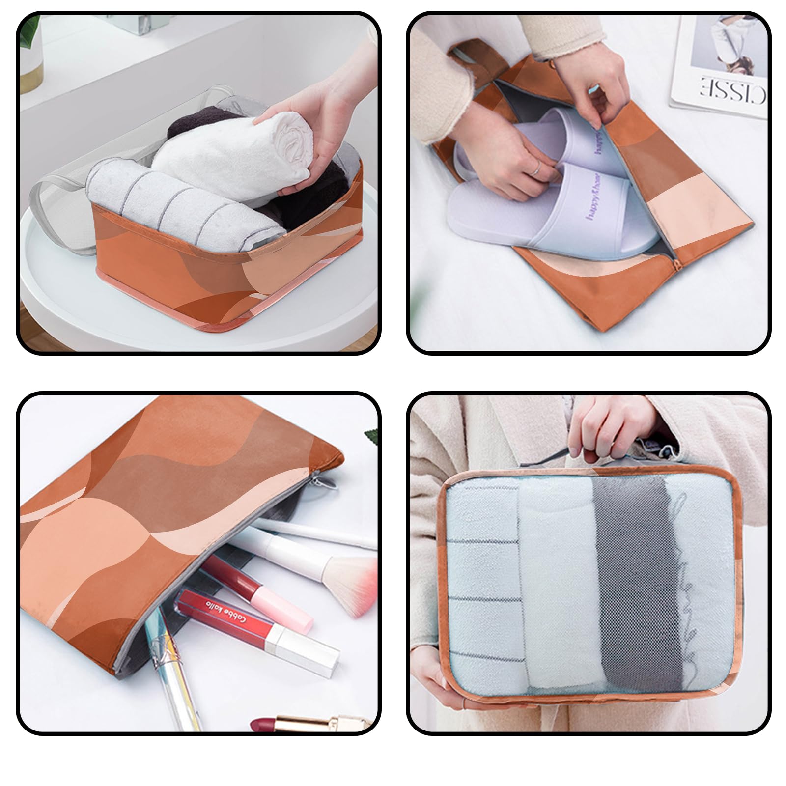 7-Piece Travel Packing Cubes Set - Luggage Organizers with Shoe Bag for Women | Aesthetic Wave & Leaf Design in Red/Brown | Perfect for Vacation, Business Trips & Weekend Getaways