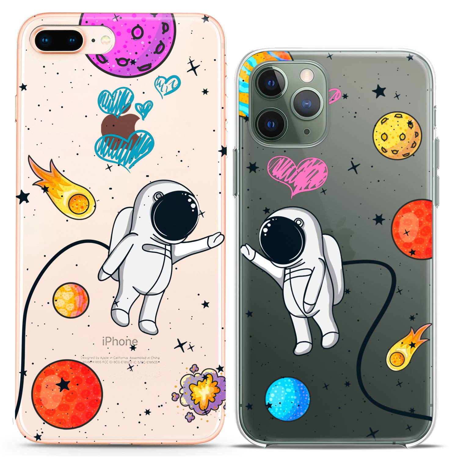 **Matching Couple Phone Cases for iPhone 16/15/14/13/12/11 Pro Max/Mini/XS/X/6s/8 Plus/7+/XR/10/SE/5 - Astronaut Kawaii Planets Space Design - Anniversary & Love Silicone Cover Set for Boyfriend/Girlfriend - Perfect for Date Nights & Gifts**