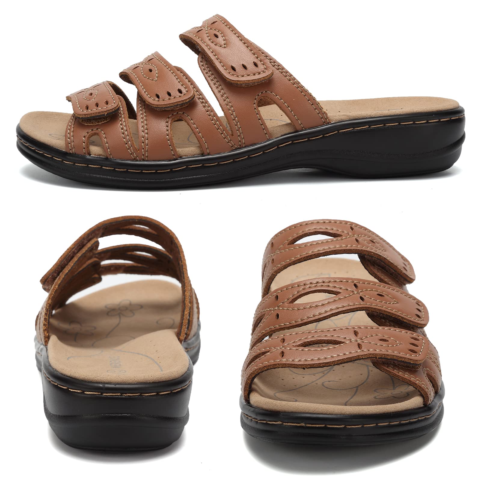 **Women's Classic Leather Sandals with Arch Support – Adjustable Hook & Loop Straps, Slip-On Casual Shoes for Outdoor Walking, Travel & Summer Comfort**