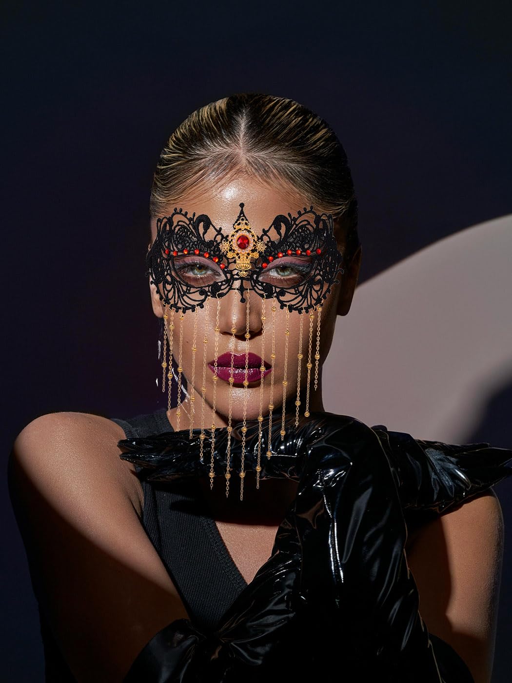 Elegant Rhinestone Masquerade Mask with Tassel & Beaded Details - Crystal Lace Costume Mask for Women | Perfect for Mardi Gras, Halloween Parties & Venetian Balls