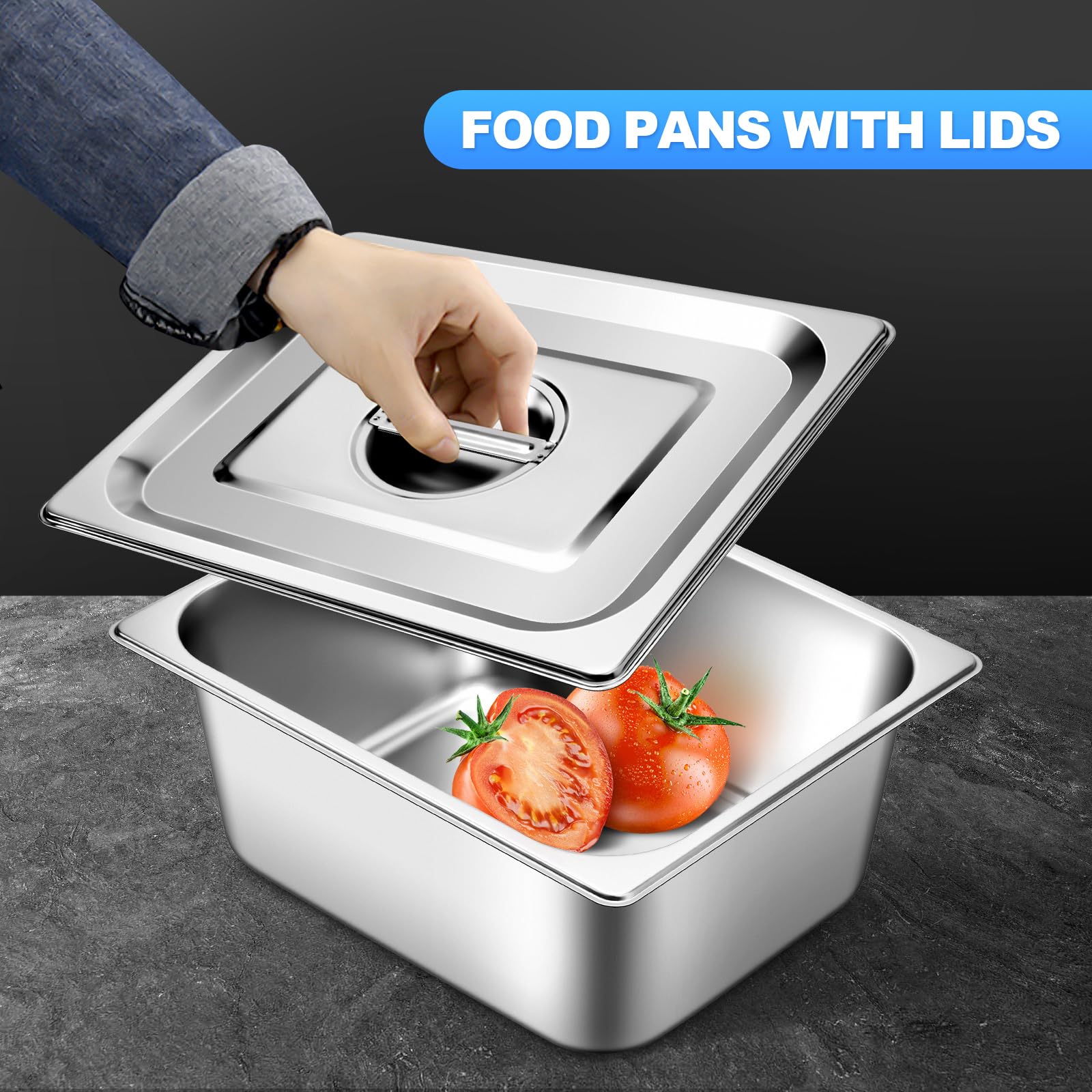 1/4 Size Stainless Steel Hotel Pan with Lids (6 Pack) – 4 Inch Deep Commercial Food Pans for Buffet, Catering & Food Prep – Durable Steam Table Pans for Restaurants, Banquets & Buffet Serving