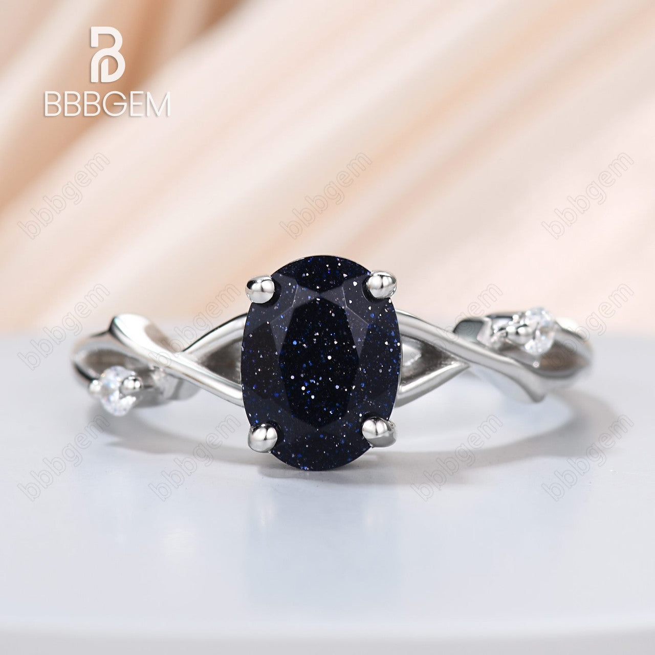925 Sterling Silver Round Natural Blue Sandstone Ring - White Gold Plated Petite Twisted Willow Galaxy Engagement Ring for Women | Wedding, Anniversary, Gift, Boho Jewelry