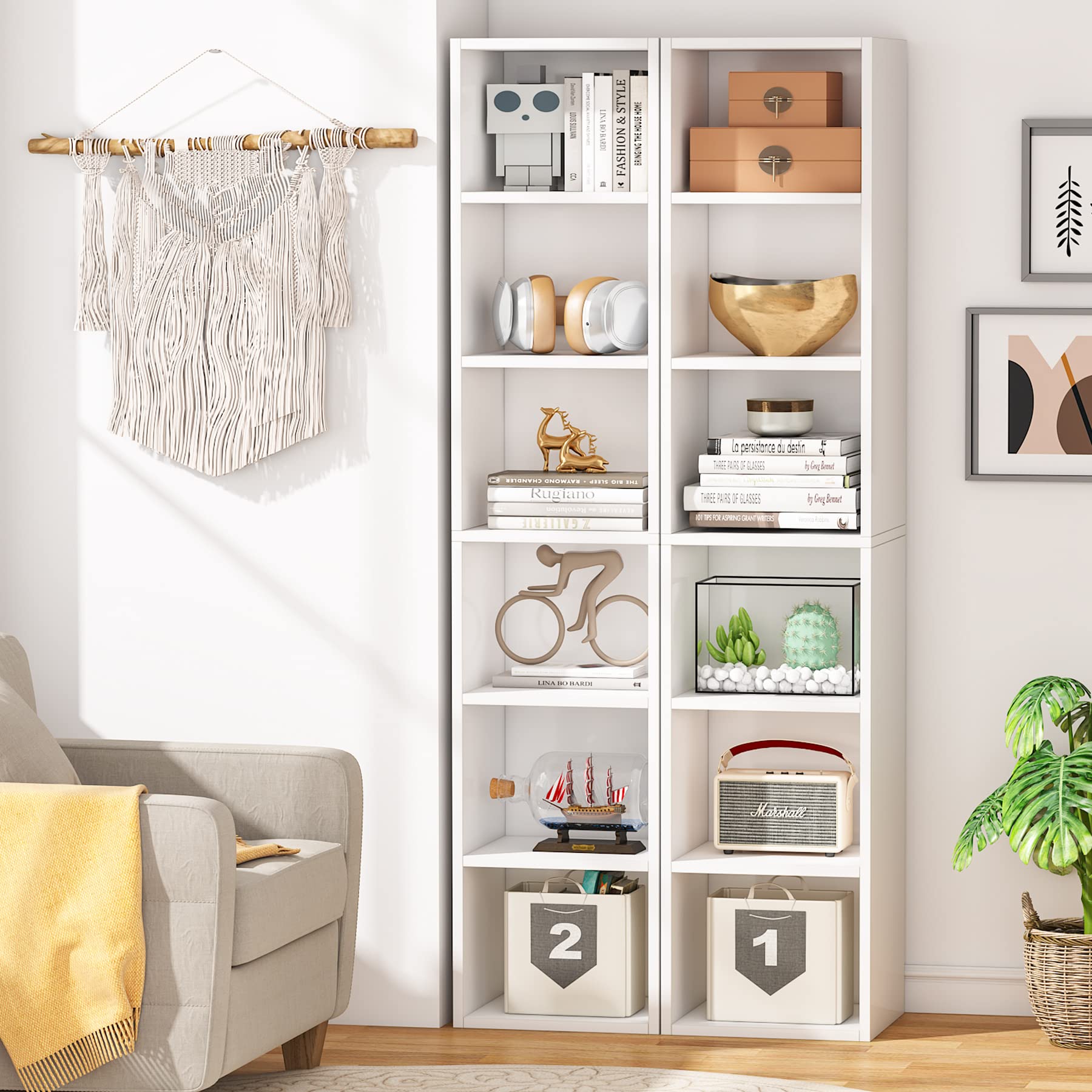 Tribesigns 70.9 Inch Tall Narrow Bookcase Set of 2, Modern White Corner Book Shelf with Storage, 6 Tier Cube Display Shelves for Home Office, Living Room & Bedroom - Space Saving Bookshelf for Small Spaces