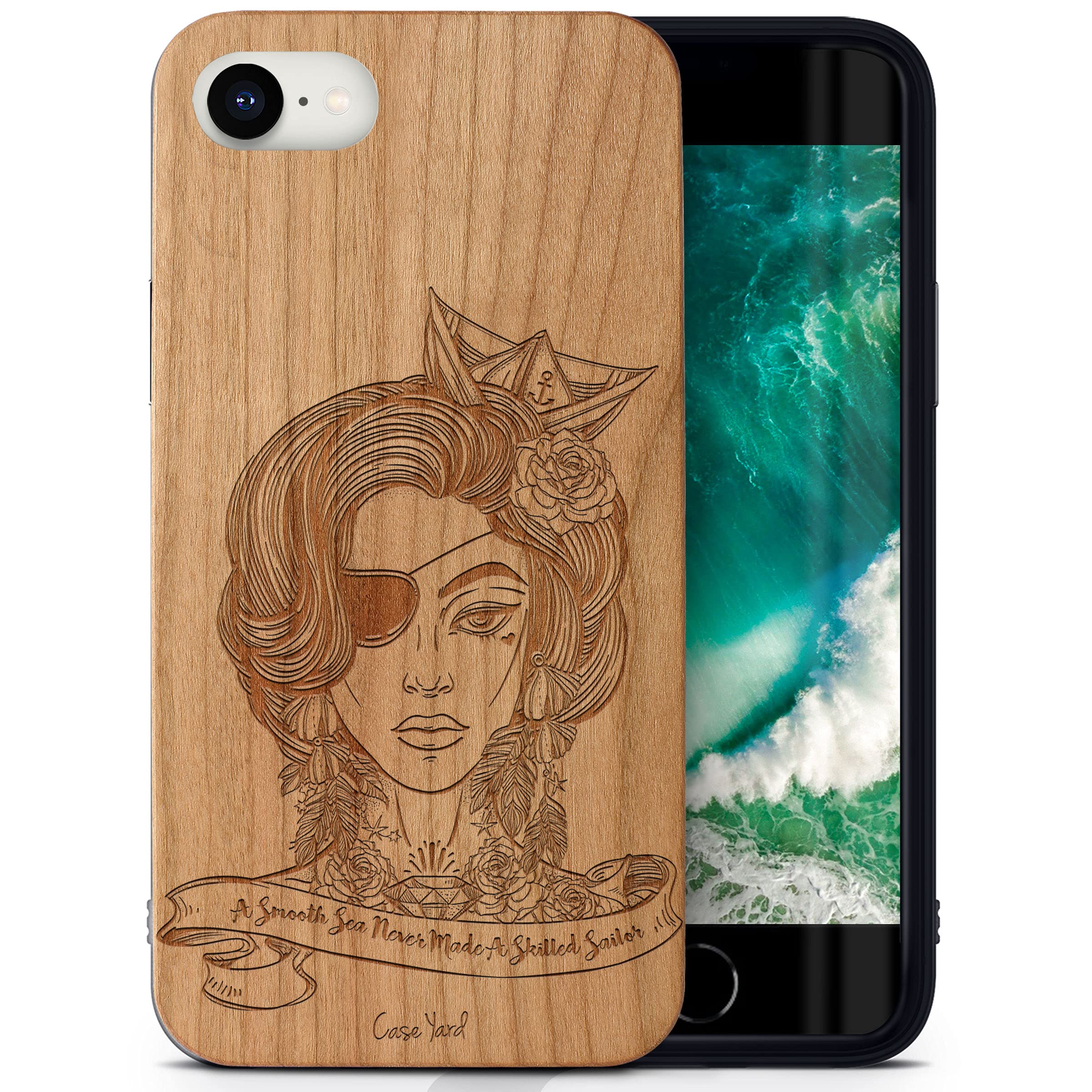 CaseYard Laser Engraved Captain Design Cherry Wood Phone Case for iPhone SE - Shockproof Slim Fit Protective Cover for Men & Women | Perfect for Outdoor Adventures, Travel & Daily Use