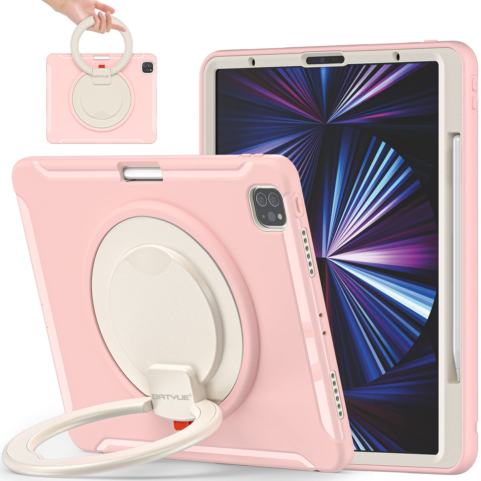 BATYUE iPad Pro 12.9 Case - Heavy Duty Shockproof Protective Cover for iPad Pro 12.9-inch 6th/5th/4th/3rd Gen (2022/2021/2020/2018) with Apple Pencil Holder & 360° Rotating Stand - Cheery Pink - Perfect for Work, Travel, and Outdoor Use