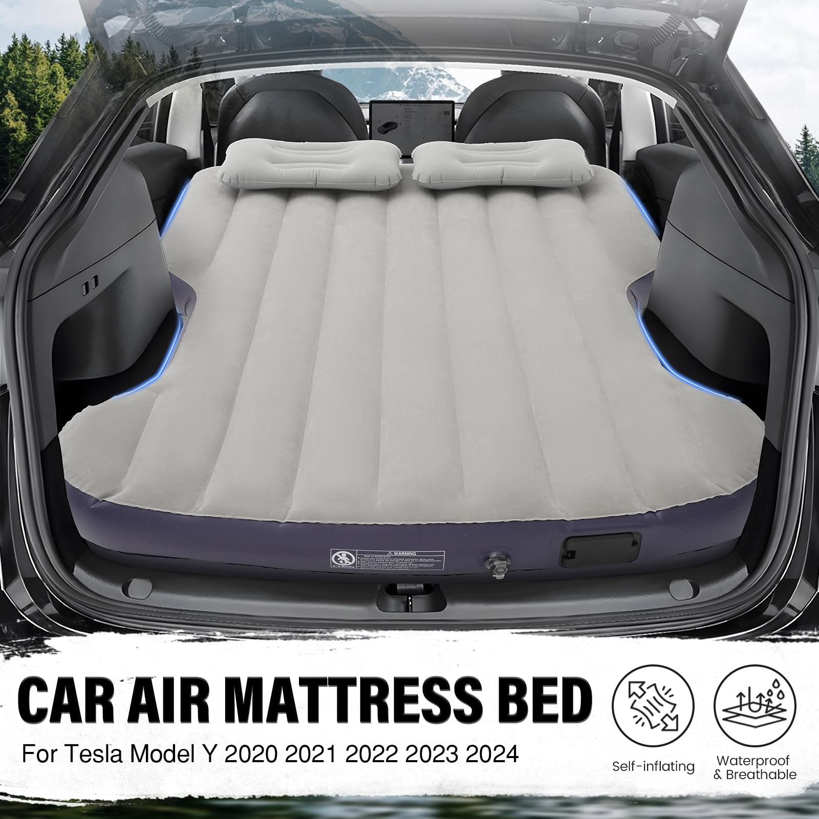 Tesla Model Y Air Mattress 2020-2025 - Self-Inflating Camping Bed with Built-in Pump, Portable Flocking Surface Air Couch for Outdoor Travel & Car Camping Accessories (Beige & Blue) - Perfect for Road Trips, Camping Adventures & Tesla Sleepovers