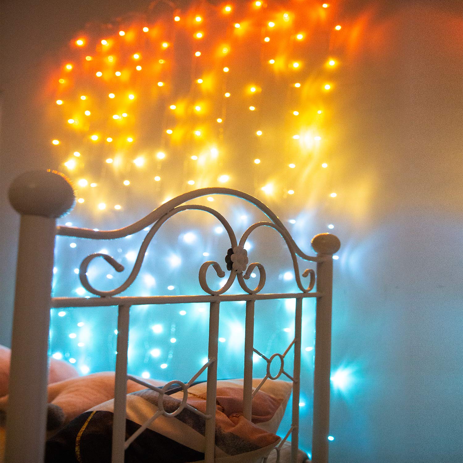 Sunset Orange LED Curtain Lights - Warm White, Coral, Turquoise, Aqua Blue Fairy String Lights for Bedroom, Sunroom & Ocean-Themed Decor | Perfect for Hawaii Vibes, Cozy Nights & Boho Room Aesthetics