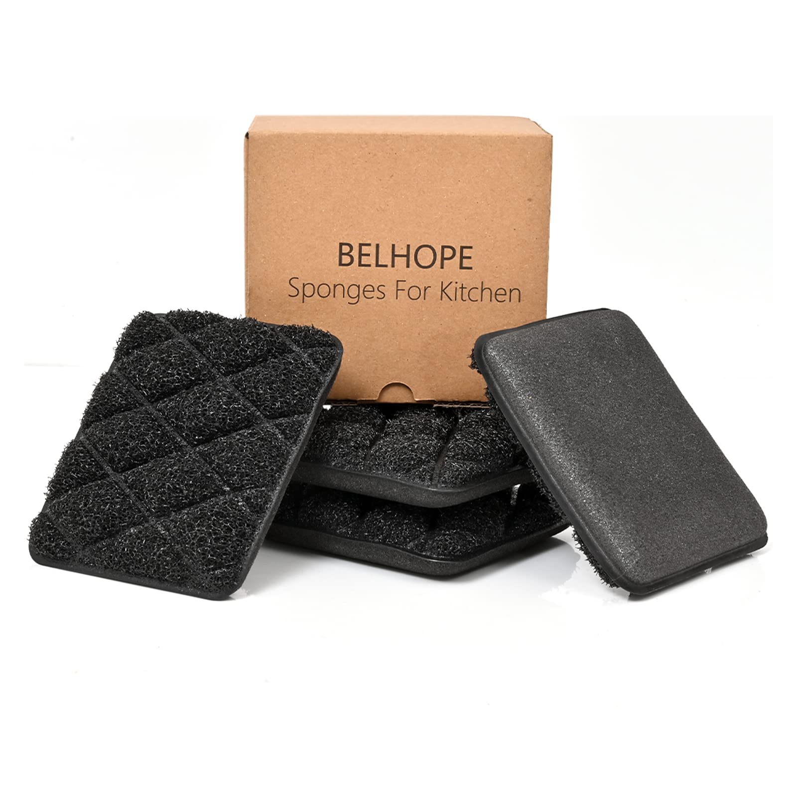 Belhope Premium Black Kitchen Sponges - 4 Pack Heavy Duty Dish Sponges with Scrubbers for Washing Dishes, Pots & Pans | Durable Cleaning Sponges for Kitchen, Sink & Household Cleaning