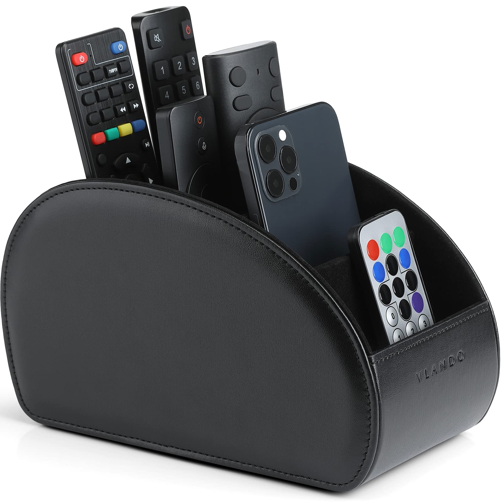 Vlando Remote Control Holder with 5 Large Compartments - Universal TV/DVD Remote Organizer, Bedside Table Storage Box, Desk Pen Organizer & Office Stationery Supply (Black) - Perfect for Living Room, Bedroom & Home Office Organization