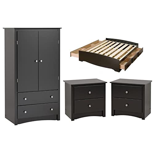 Home Square 4-Piece Queen Bedroom Set - Storage Bed, Wardrobe Armoire & 2 Nightstands | Complete Bedroom Furniture for Small Spaces & Guest Rooms