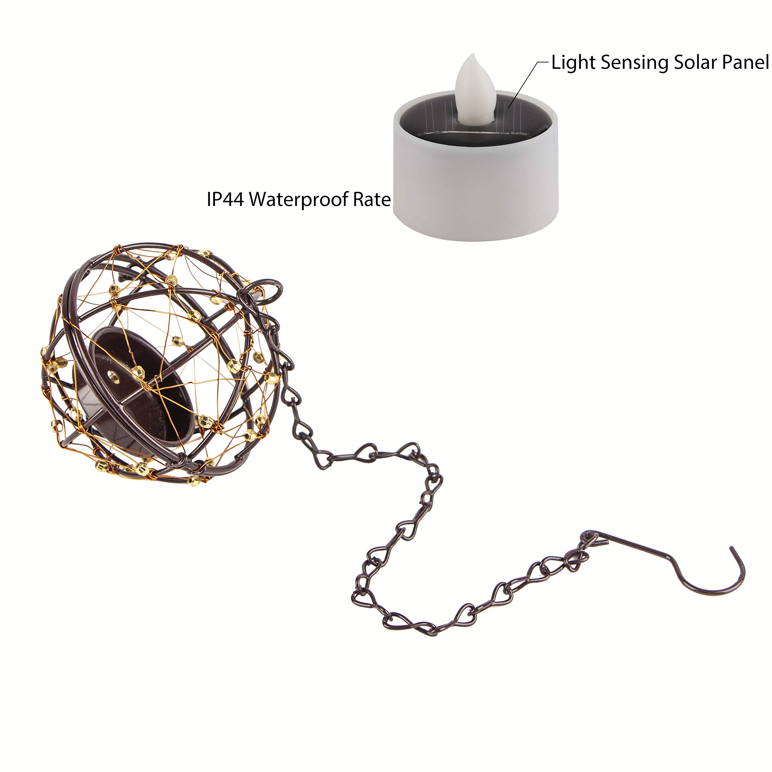 Solar Powered Hanging Lanterns Outdoor Decor - 4 Pack Copper Wire Beaded Ball Candle Holders with LED Tea Lights for Garden, Patio, Pergola, Backyard, Wedding & Party Decoration