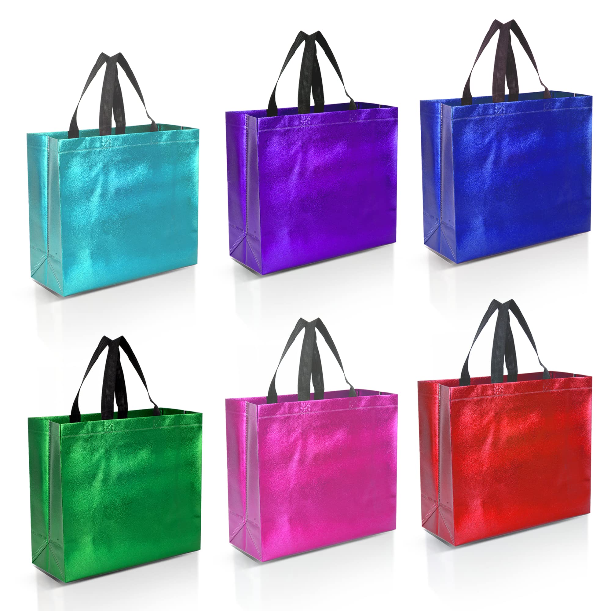 Nush Nush 12-Pack Large Reusable Gift Bags - 6 Vibrant Colors with Glossy Finish (13x5x11 Inches) - Perfect for Birthday Parties, Wedding Favors, Baby Showers & Holiday Gift Wrapping