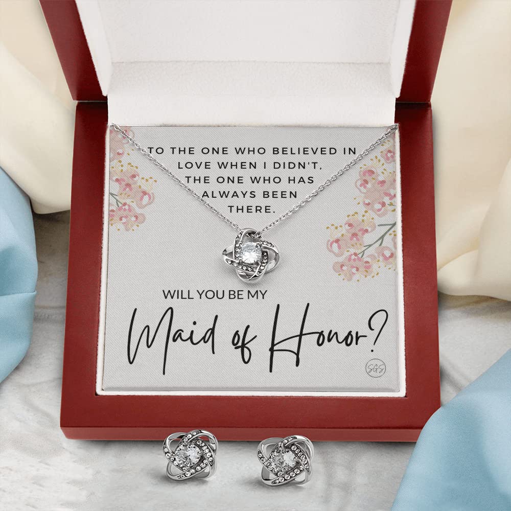 Elegant Maid of Honor Proposal Jewelry Set - Sterling Silver Earrings & Necklace Gift for Bridesmaid | 'Will You Be My MOH?' Bridal Proposal Present | Perfect for Wedding Party, Bachelorette & Bridal Shower