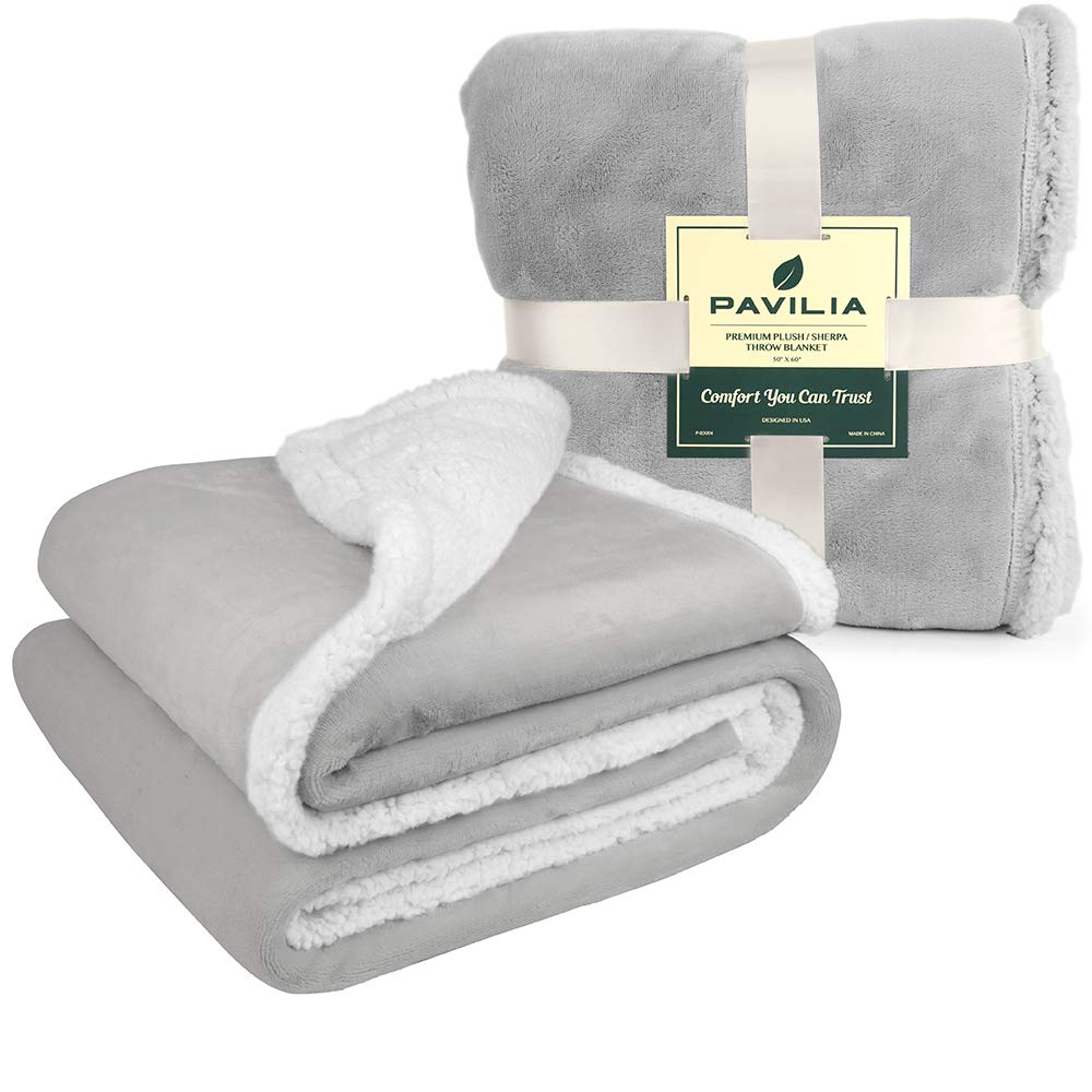 PAVILIA Queen Size Sherpa Fleece Blanket - Ultra Soft Plush Reversible Winter Blanket for Bed (90x90 Inches, Light Grey) - Cozy Warm Throw for Women & Men - Perfect for Couch, Sofa, Bedroom & Gift Giving