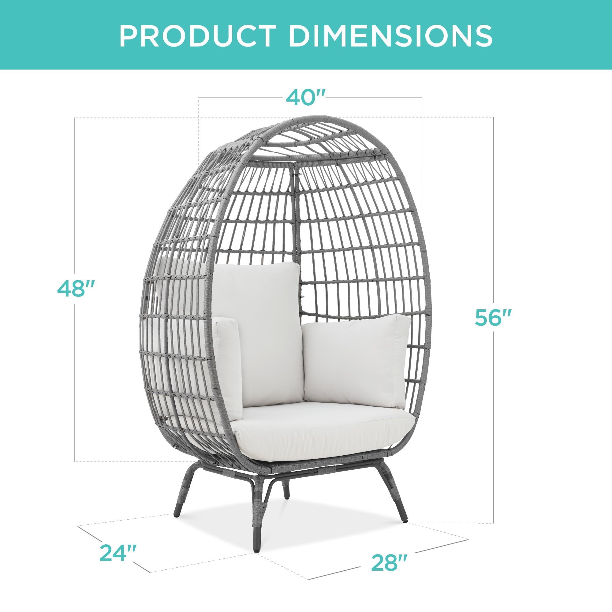 Best Choice Products Oversized Wicker Egg Chair - Indoor/Outdoor Hanging Lounge Chair with 4 Cushions & Steel Frame (440lb Capacity) - Gray/White Sand - Perfect for Patio, Backyard, Living Room, Garden Relaxation