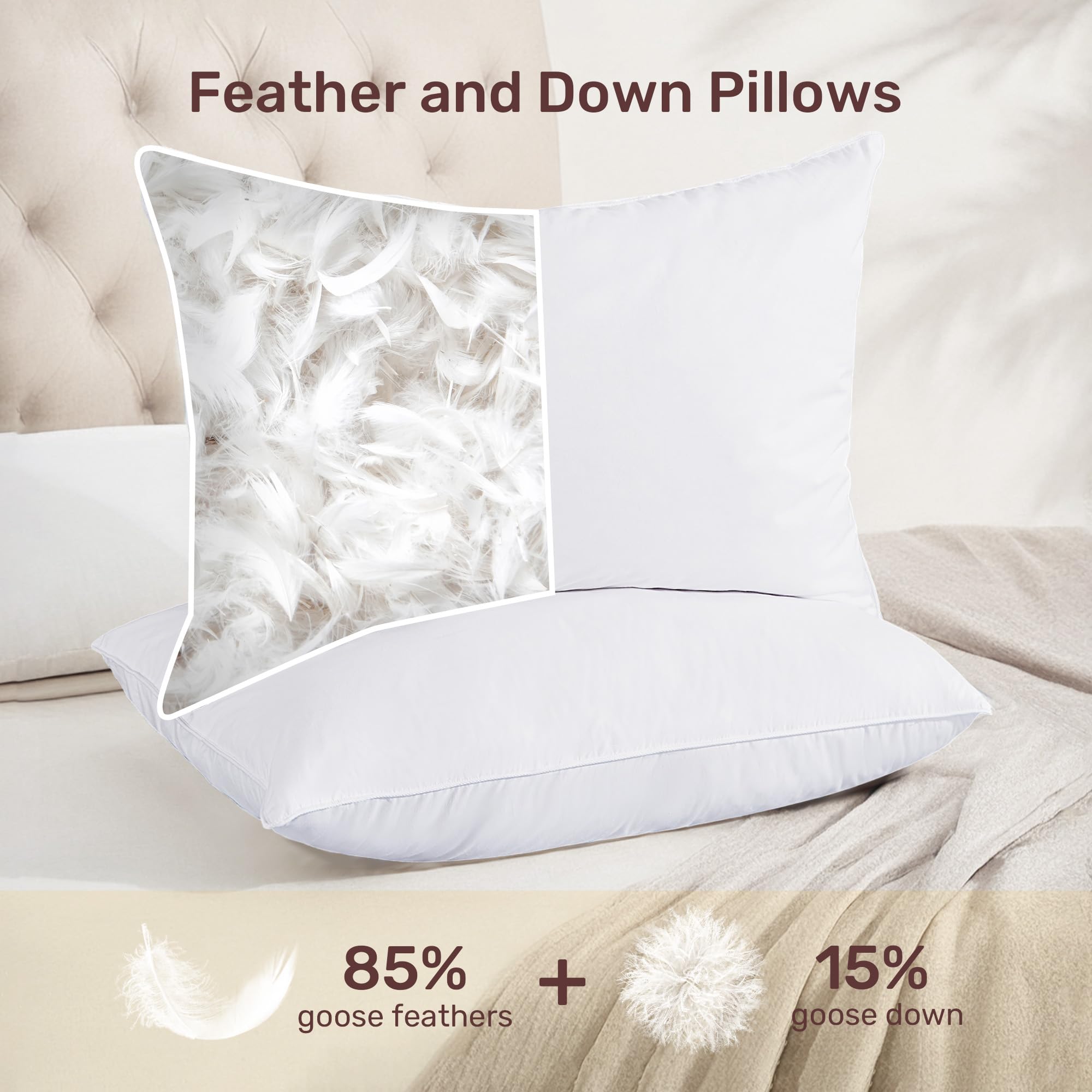 Premium White Goose Feather Down Pillows - King Size Set of 2 with 100% Cotton Cover | Ultra Soft Hotel Quality Bed Pillows for Side, Back & Stomach Sleepers | Perfect for Luxury Bedroom & Guest Room Decor