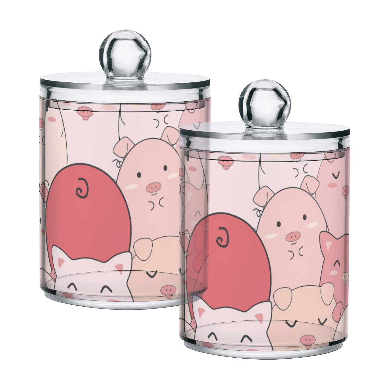 Pink Pig Head Plastic Storage Jars with Lids - Set of 2 (10 oz Translucent Food Containers) for Cotton Swabs, Tea, Cookies & Canning | Cute Piggy Design for Kitchen, Bathroom & Pantry Organization