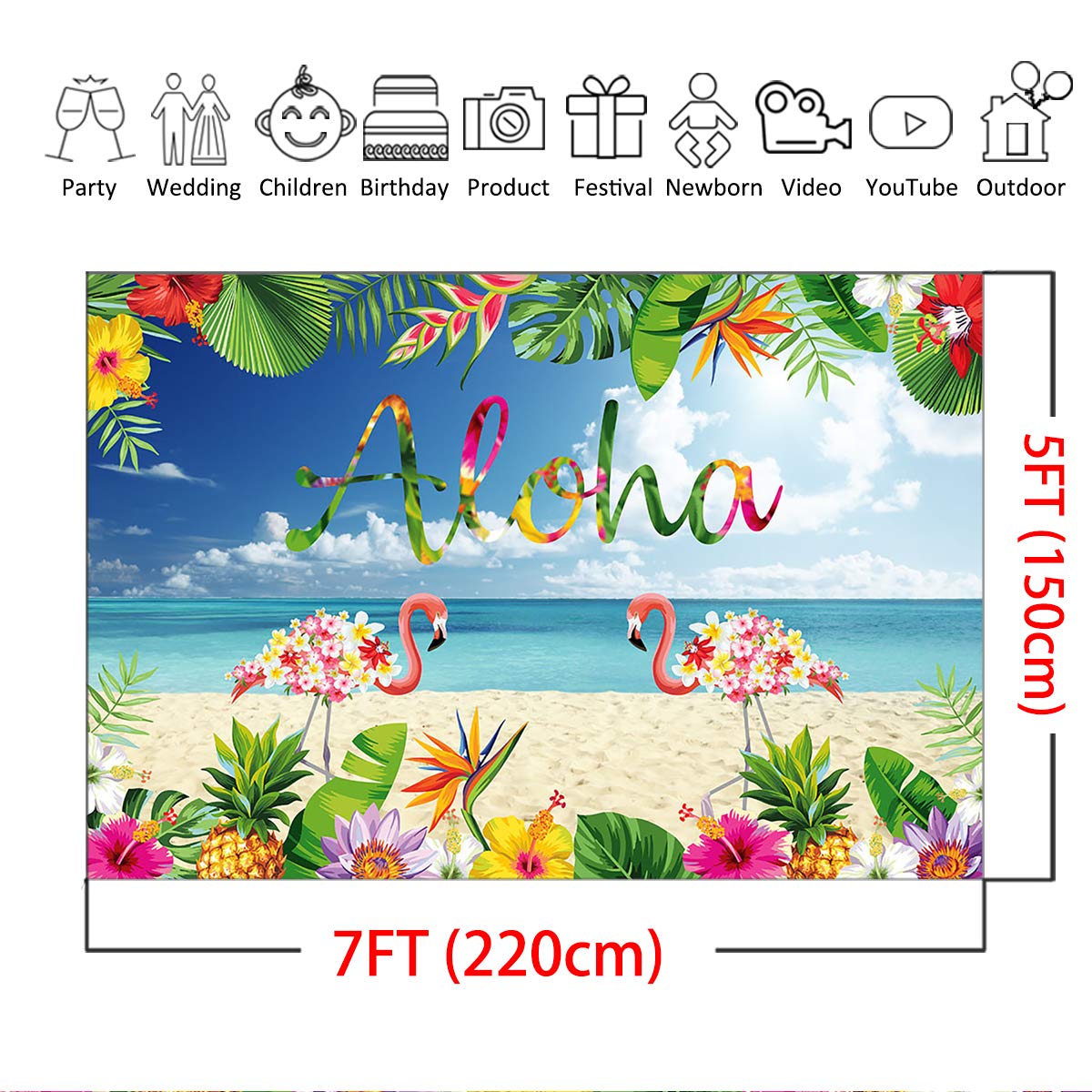 7x5ft Hawaiian Beach Flamingo Tropical Party Backdrop - Vinyl Photo Booth Background for Summer Birthday, Luau, Aloha Decorations & Let's Flamingle Events - Perfect for Beach Themed Parties, Baby Showers & Tropical Photography