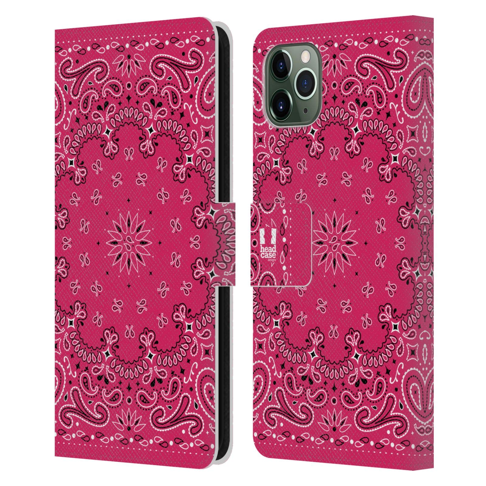 Head Case Designs Classic Pink Paisley Bandana Leather Book Wallet Case Cover for Apple iPhone 11 Pro Max - Stylish Protection for Everyday Use & Travel