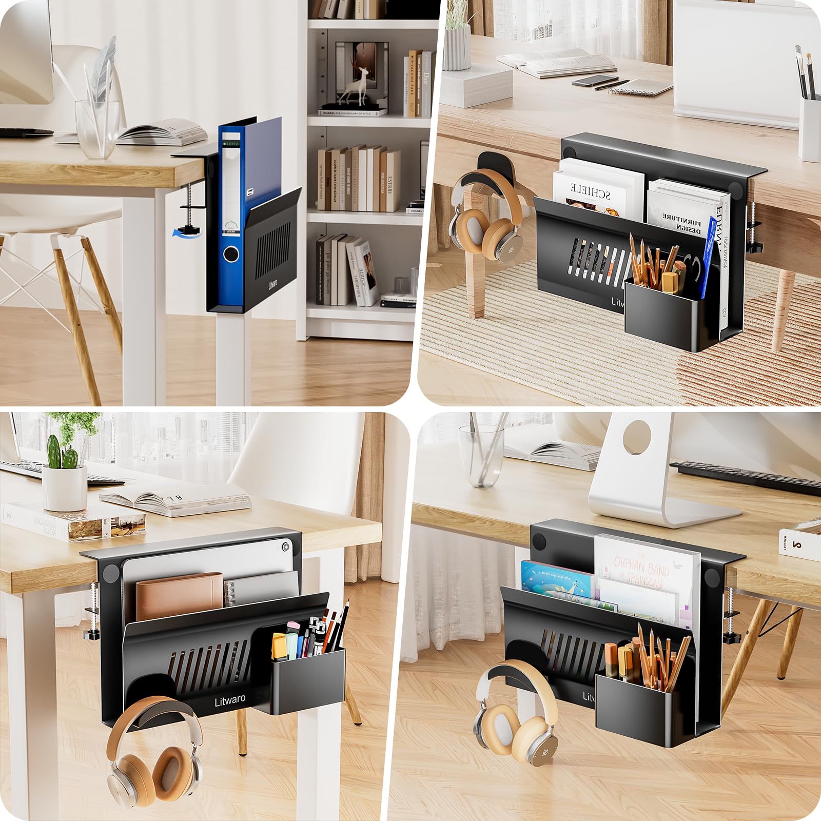 Litwaro Under Desk Laptop Mount & Organizer - No Drill Magnetic Laptop Holder with Pen Storage & Sticky Headphone Hook - Fits Flat Edges 0.4